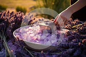 woman collecting lavender flowers for essential oil, lavender harvesting, making escented salt, Generative AI