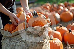 woman collecting pumpkins in a burlap sack