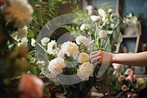 A woman collects a bouquet in a flower shop. Generative AI technology