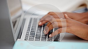 Woman college student hands typing laptop keyboard, email and freelancer, blogging and website research. Closeup fingers