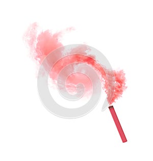 Woman with color smoke bomb on white background, closeup