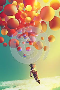 Woman with colorful balloons riding bike in the the sky