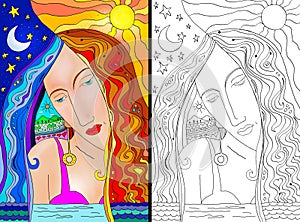 Woman colorful portrait and line art