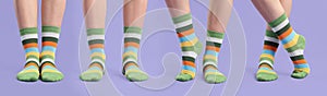 Woman in colorful socks on violet background, closeup. Collection of photos