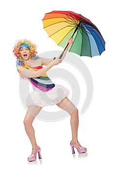 The woman with colorful umbrella on white