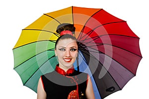 The woman with colourful umbrella isolated on white