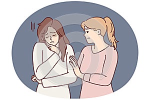 Woman comforting girl friend is sad and stressed after bullying or toxic relationship. Vector image