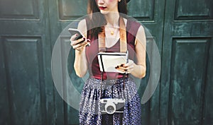 Woman Communicate Phone Outside City Concept