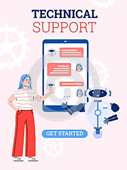 Woman communicating with technical support chatbot, cartoon vector illustration.