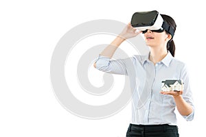 Woman communication with VR headset glasses