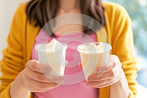 woman comparing two different brands of yogurt