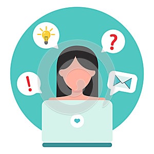 Woman with a computer. A call center worker sits at a table. Technical support. Office worker. Vector illustration in