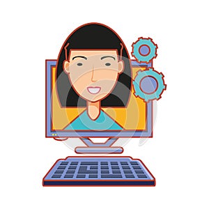 Woman with computer desktop and gears