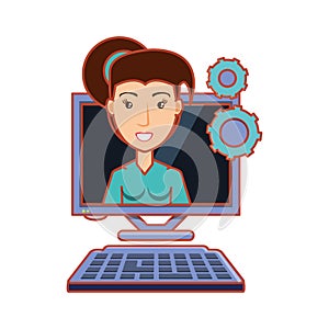 Woman with computer desktop and gears