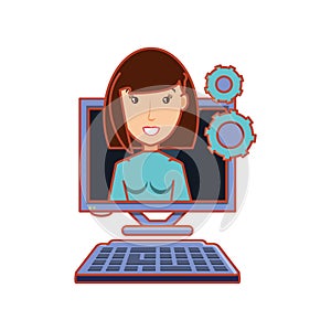 Woman with computer desktop and gears