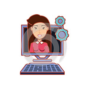 Woman with computer desktop and gears