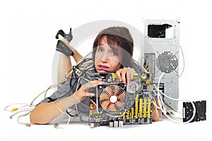 Woman and computer motherboard