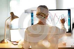Woman, computer or screen hologram for data analytics in night office for financial planning or company budget. Chart