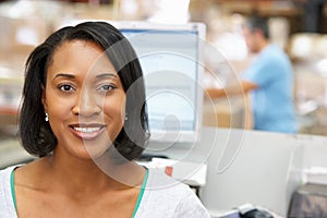 Woman At Computer Terminal In Distribution Warehouse