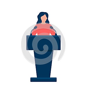 Woman in conference suit on podium, tribune. Speech by people leader, businesswoman, head, teacher. Vector illustration