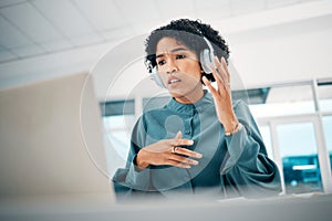 Woman is confused, laptop glitch and headphones, video conference for presentation, tech and online meeting