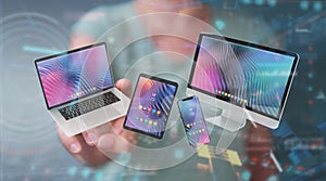 Woman connecting modern smartphone tablet laptop and computer 3D rendering