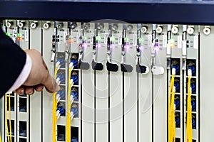 Woman connecting network cables to switches in the room