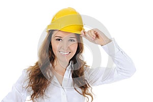 Woman with construction helmet