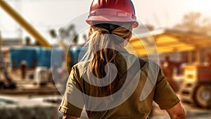 A woman construction professional, wearing a safety helmet. Generative AI