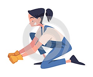 Woman Construction Worker Character in Glove and Overall Engaged in Roof Repair Vector Illustration