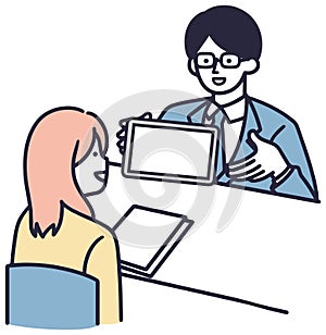 Woman consulting with customer service staff Simple Illustration