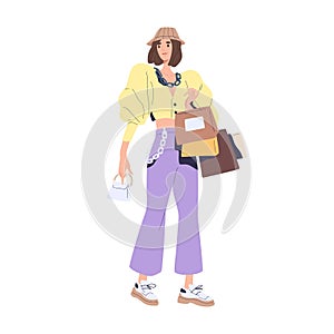 Woman consumer carrying many shopping bags. Buyer shopaholic portrait. Fashionable customer. Fast fashion concept. Flat