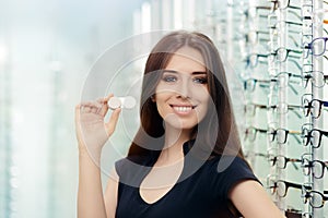 Woman with Contact Lenses Case in Optical Store