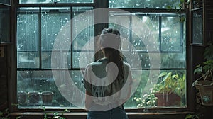 Woman Contemplating Rain Through Window