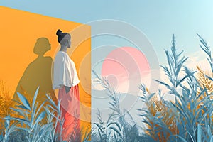 Woman Contemplating Sunset in Cornfield. Flat Illustration