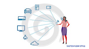Woman controlling home network talking to smart speaker personal virtual assistant voice command recognition concept
