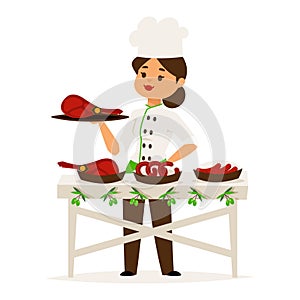 Woman cook chef presents luxury ham, restaurant catering vector illustration