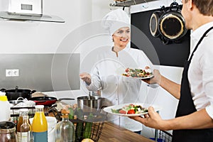 Woman cook giving to waitress ready to serve salad