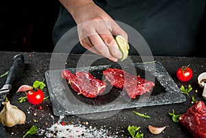 Woman cooking beef meat