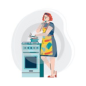 Woman cooking food on kitchen stove - cartoon girl tasting boiling soup