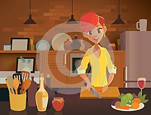 Woman cooking in the kitchen. Healthy eating illustration. Vector illustration in modern flat style.