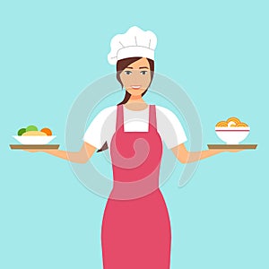 Woman is cooking in the kitchen. Housewife cook Asian dish- rice with vegetables and noodle soup for dinner. Woman with apron cook