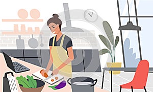 Woman cooking in kitchen vector. Soup in frying pan. Homemade food.