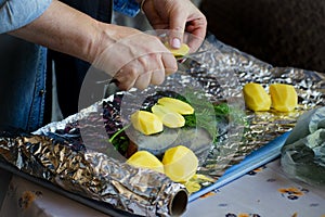 Woman is cooking salmon fish with with potatoes and and dill in foil.