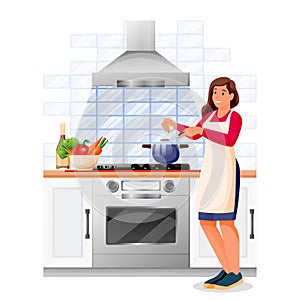 Woman cooking vegetable soup in kitchen. Young girl in apron makes healthy lunch or dinner. Vector illustration