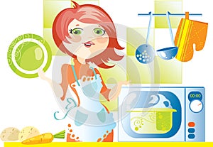 Woman cooks food in microwave