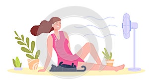 Woman cooling fan. Relaxing girl with pet using electrical fans in heat summer weather of home, fresh air wind on sweat