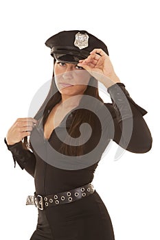 Woman cop hand on collar and hat