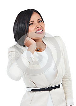 Woman, corporate portrait or neck pain in studio from stress, burnout or tired by white background. Black woman