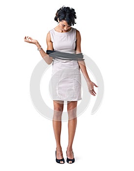 Woman, corporate and slavery with rope for white background in studio for mock up in New York. African person